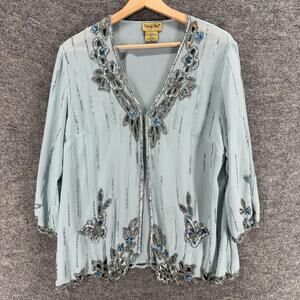 Midnight Velvet Blouse Women L Large Blue Floral Sequin Long Sleeve V-Neck